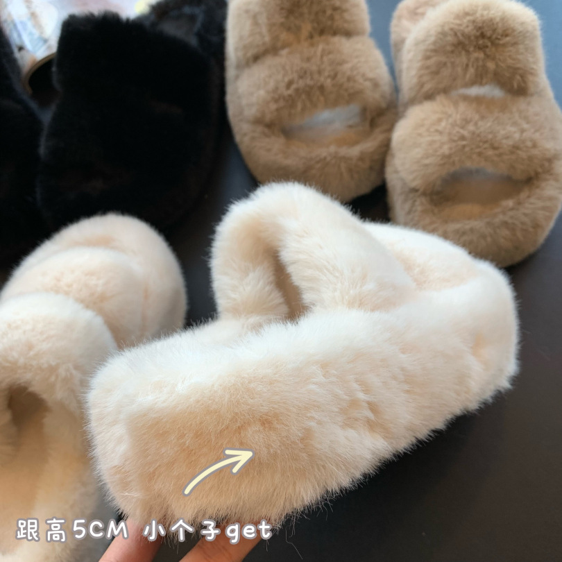 柔软保暖 防滑耐磨厚底增高显瘦家居外穿舒适毛绒一字毛拖G110425