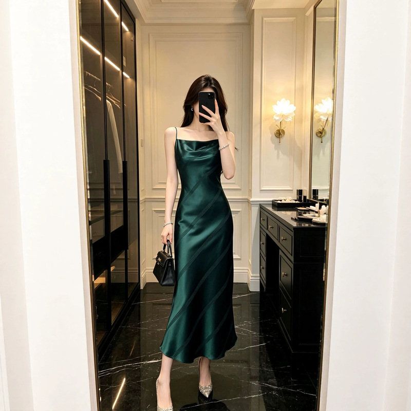 Imported Triacetate Satin dress Extra-beautiful Lined 45-degree Oblique Swing Collar Oblique Striped Pattern Sling Long Skirt