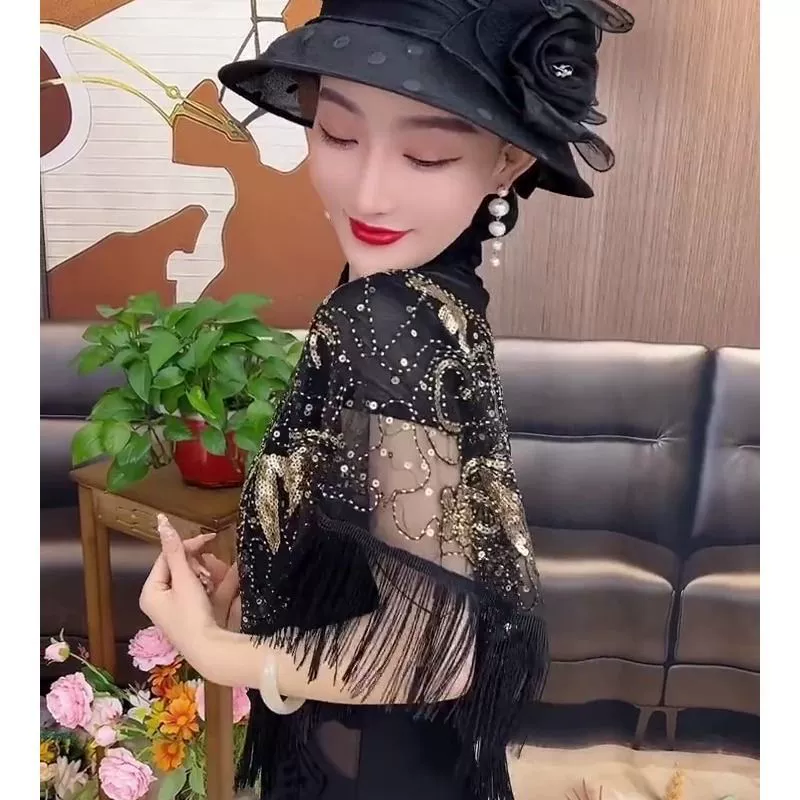 Ногтивая sequins, плащ, универсальная звездное небо, элегантное этническое пальто