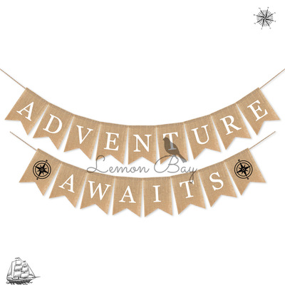 adventure awaits 旅行冒险主题麻布拉旗 露营帐篷装饰批发|ms