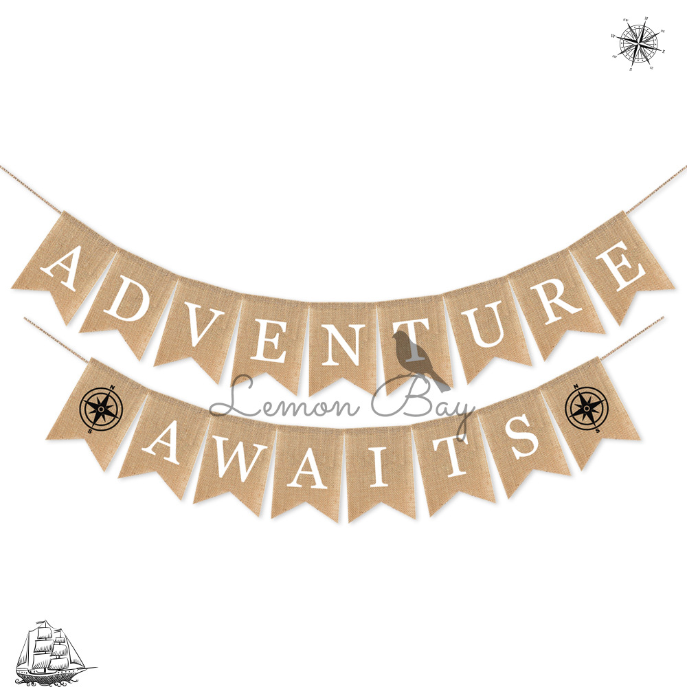 adventure awaits 旅行冒险主题麻布拉旗 露营帐篷装饰批发|ms