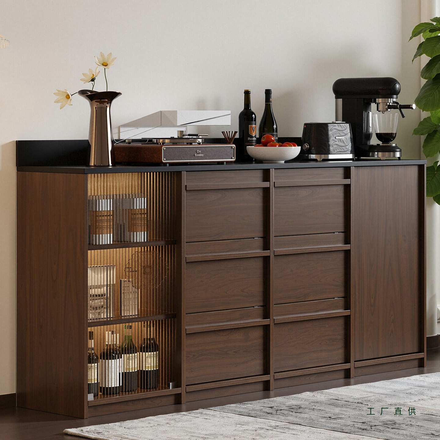 Solid Wood Sideboard with Integrated Wall-Mounted Design, Living Room Side Cabinet, Vintage Coffee Cabinet with Power Outlet, Chest of Drawers, Tea Cabinet