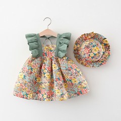 Summer girls' dress new foreign trade children's wear floral small flying sleeves lace lace princess skirt with hat 6289