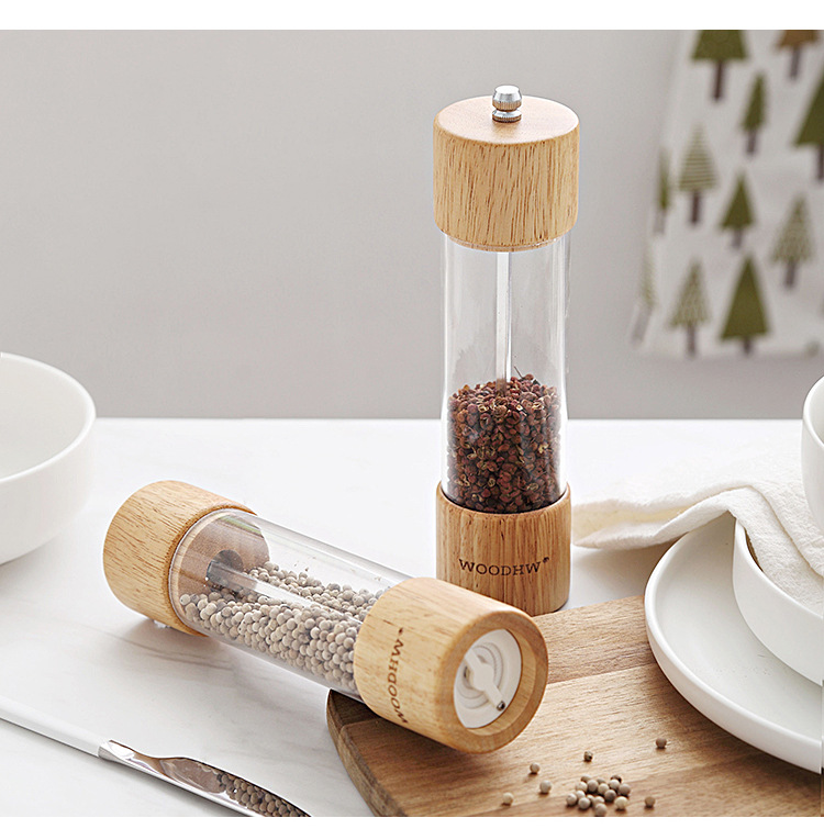 Molinillo de granos de pimienta negra doméstico manual de madera sólida contenedor de polvo de pimienta botella de condimentar botella de molino de sal marina de vidrio