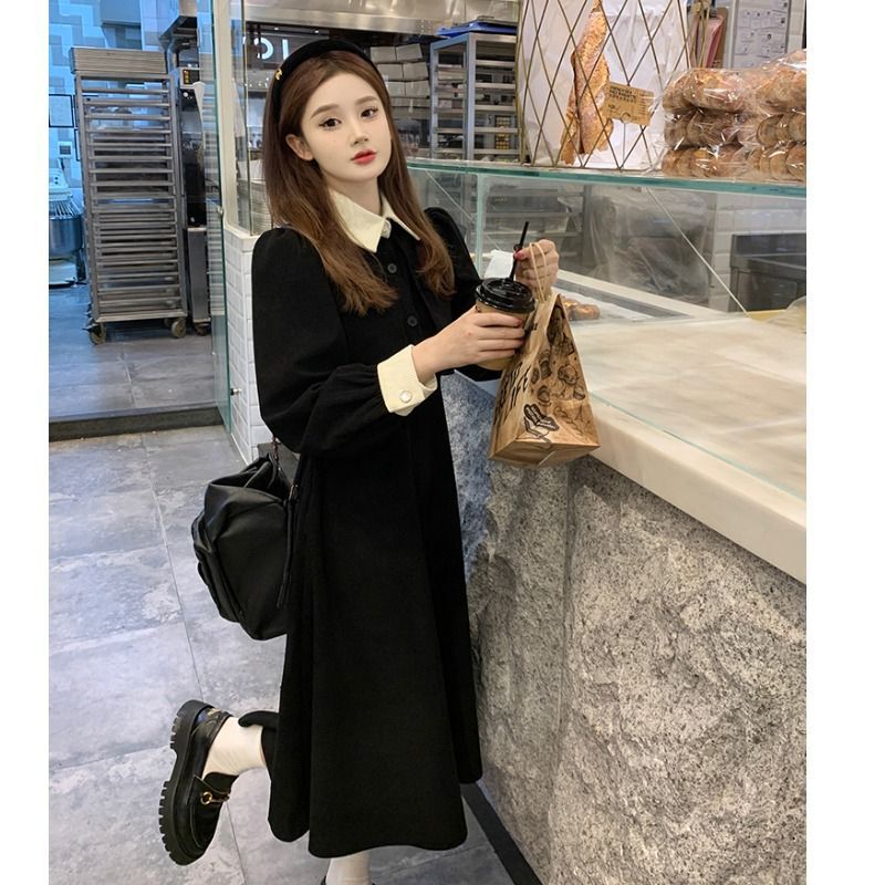 早秋季裙子2025年新款黑色法式连衣裙女春秋装内搭假两件收腰长裙|undefined