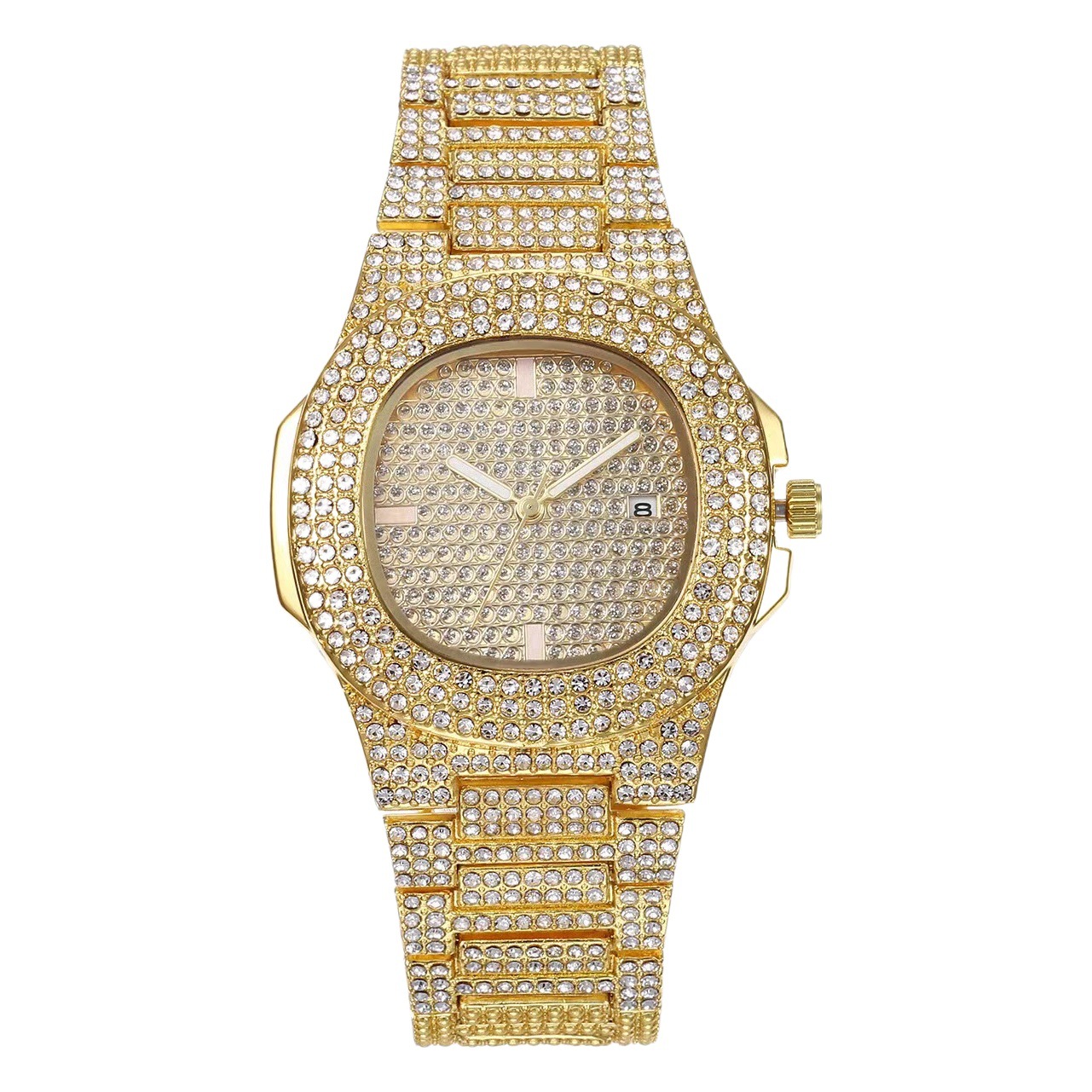 Comercio exterior estrellado acero cinturón hombres reloj hip hop estilo punk reloj pulsera traje diamante calendario hombres reloj de cuarzo