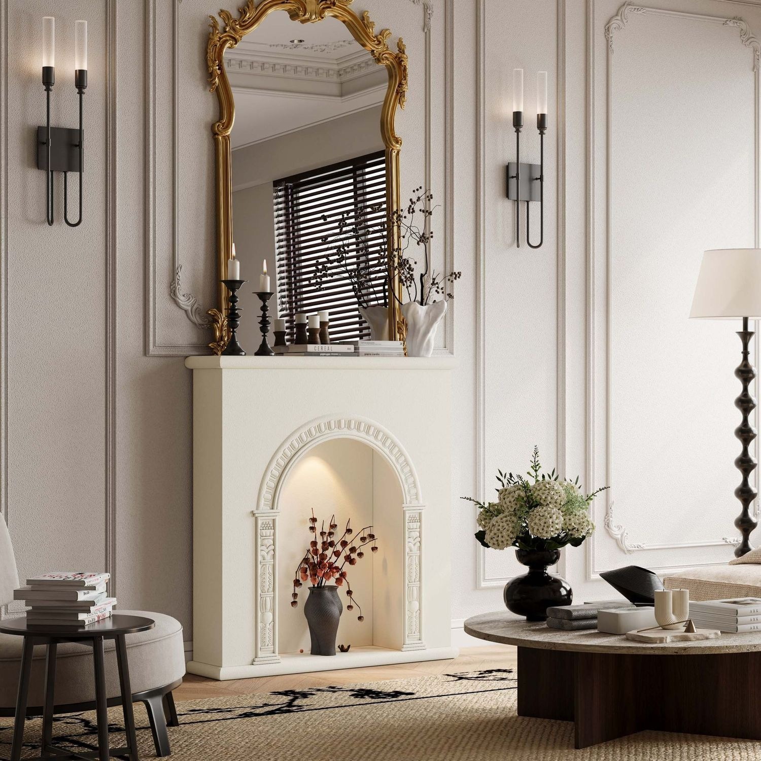French-style cream-colored carved fireplace mantel with lighting, vintage European-American living room decorative cabinet for homestay