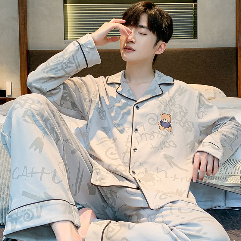 Comic Bear Men's Pajamas Spring and Autumn Cardigan Long Sleeve Trousers Cartoon Men's Winter Suit Home Clothes Factory Wholesale
