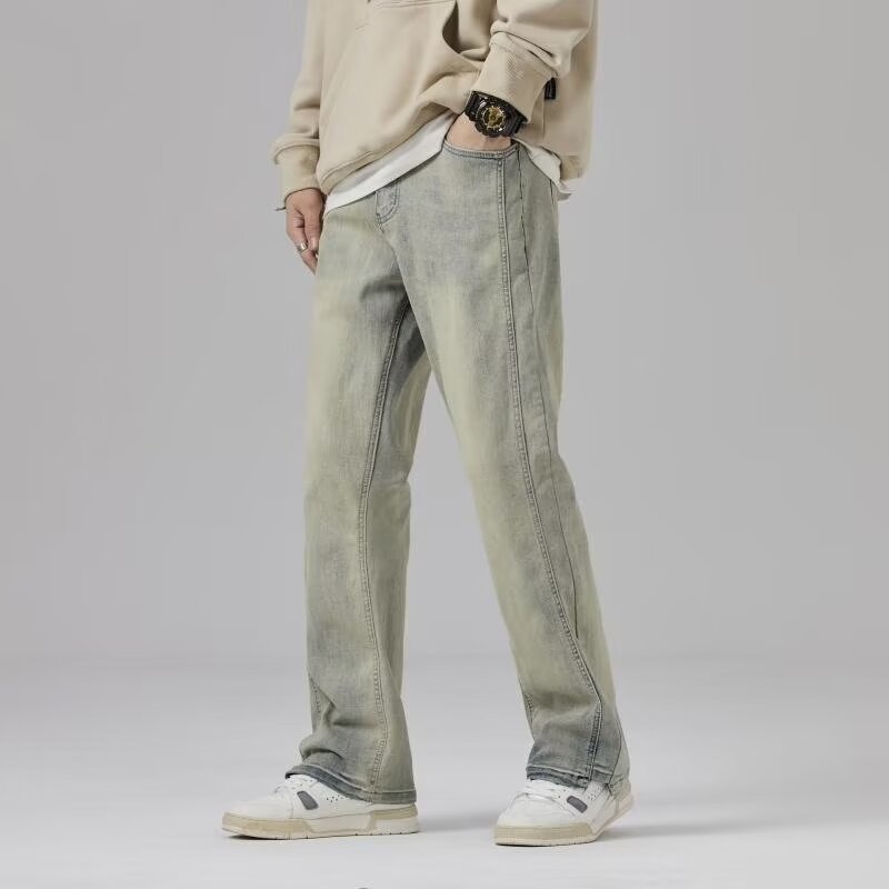 Vaqueros teñidos de barro amarillo de marca de moda retro para hombres lavados y viejos pantalones micro-lat de calle alta americana 2024