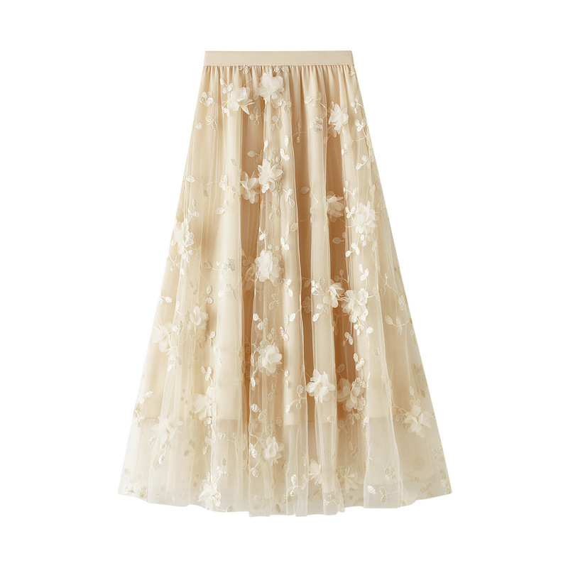 Mesh Embroider Heavy-Duty Skirt Large Size Gauze Skirt 2023 Spring New Style A-Line Literary High-Waisted Long Skirt