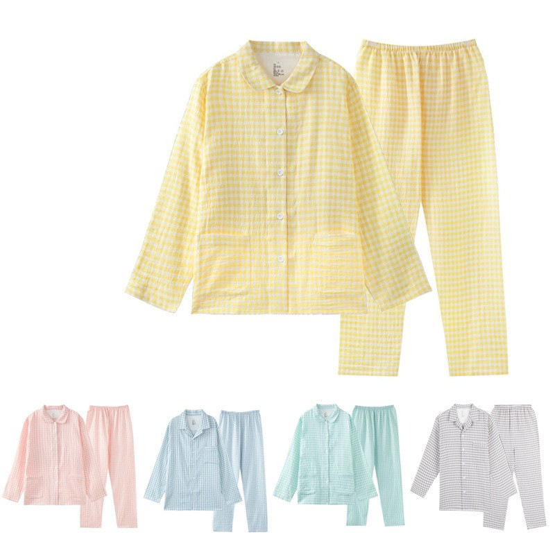 25 Japanese-Style Muji Pure Cotton Double-Layer Gauze Loungewear, Quality Candy Pure Cotton Pajama Set, Long-Sleeve Couple Loungewear