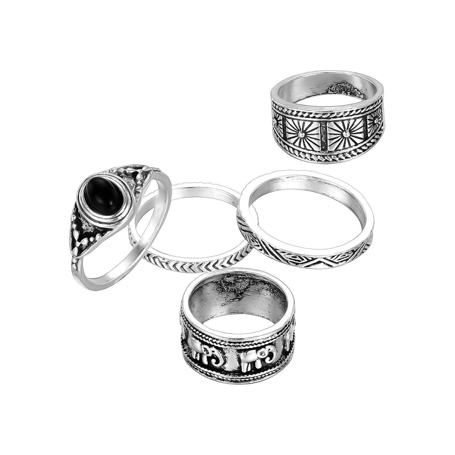 Retro Antique Silver Joint Ring 5-piece Set display picture 1
