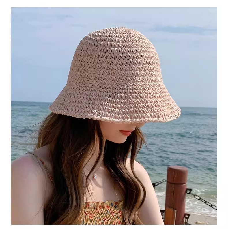 Frau Ferien Strand Einfarbig Flechten Große Traufen Bucket Hat Strohhut display picture 5