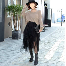 2025春夏新款韩版女装高腰不规则中长款蓬蓬网纱裙黑色打底半身裙