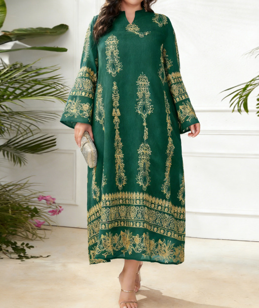 Exclusive Cross-border Supply Of Middle Eastern Embroidered Robes, Plus-size Women's Green V-neck Bell-sleeve Loose_ecoleips.com