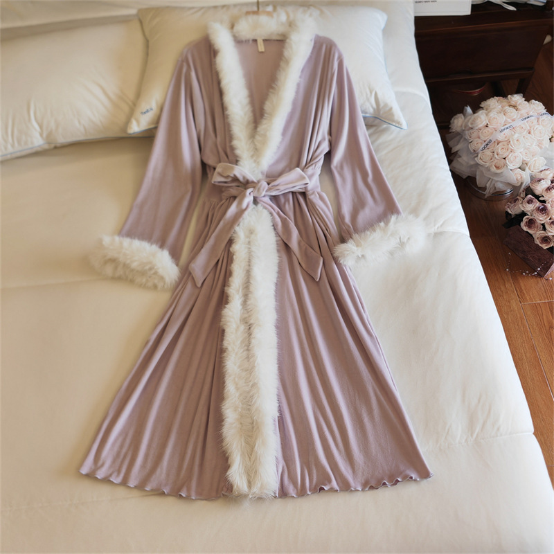 Island Velvet Nightgown Women's Spring Autumn and Winter Mid-length dress New fleece-lined Warm High-grade Bathrobe Home Clothes