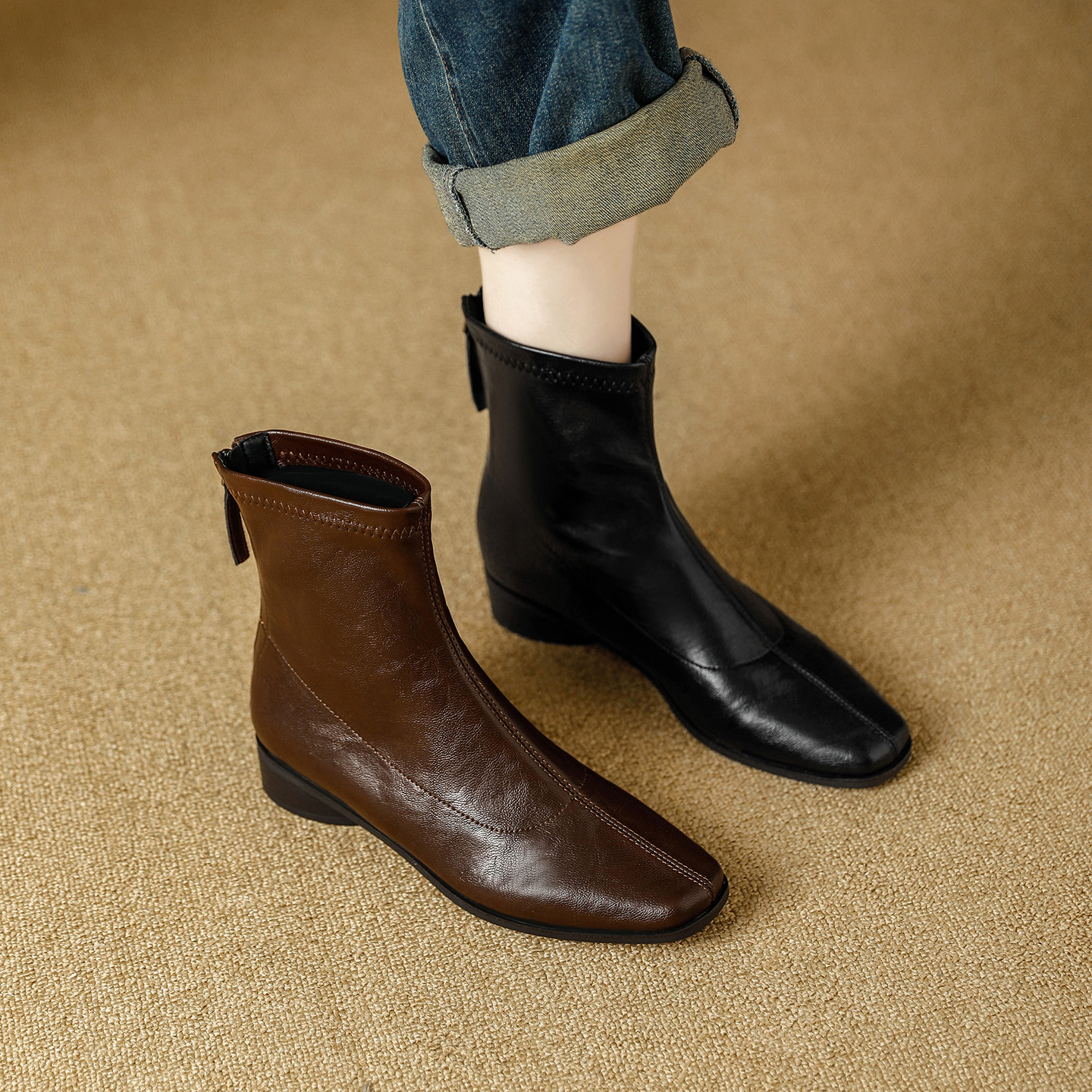 Retro Soft Leather Back Zipper Nude Boots for Women in Autumn and Winter Plus Velvet Thick Heel Mid-Calf Casual Versatile Boots Wholesale Customization