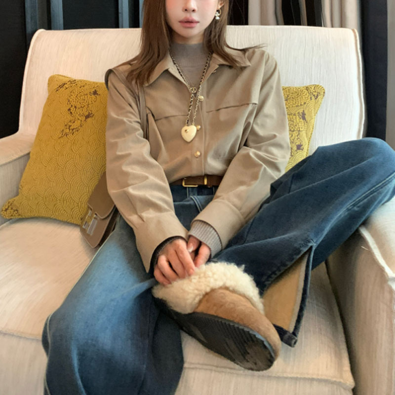 MENGXIANG-작은 올매치 따뜻하고 게으른 코듀로이 레트로 미니멀리스트 셔츠 여자 겨울 탑