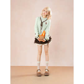 薄巧奶昔 萌妹蝴蝶结针织毛衣百褶短裙两件套秋冬可爱甜美套装