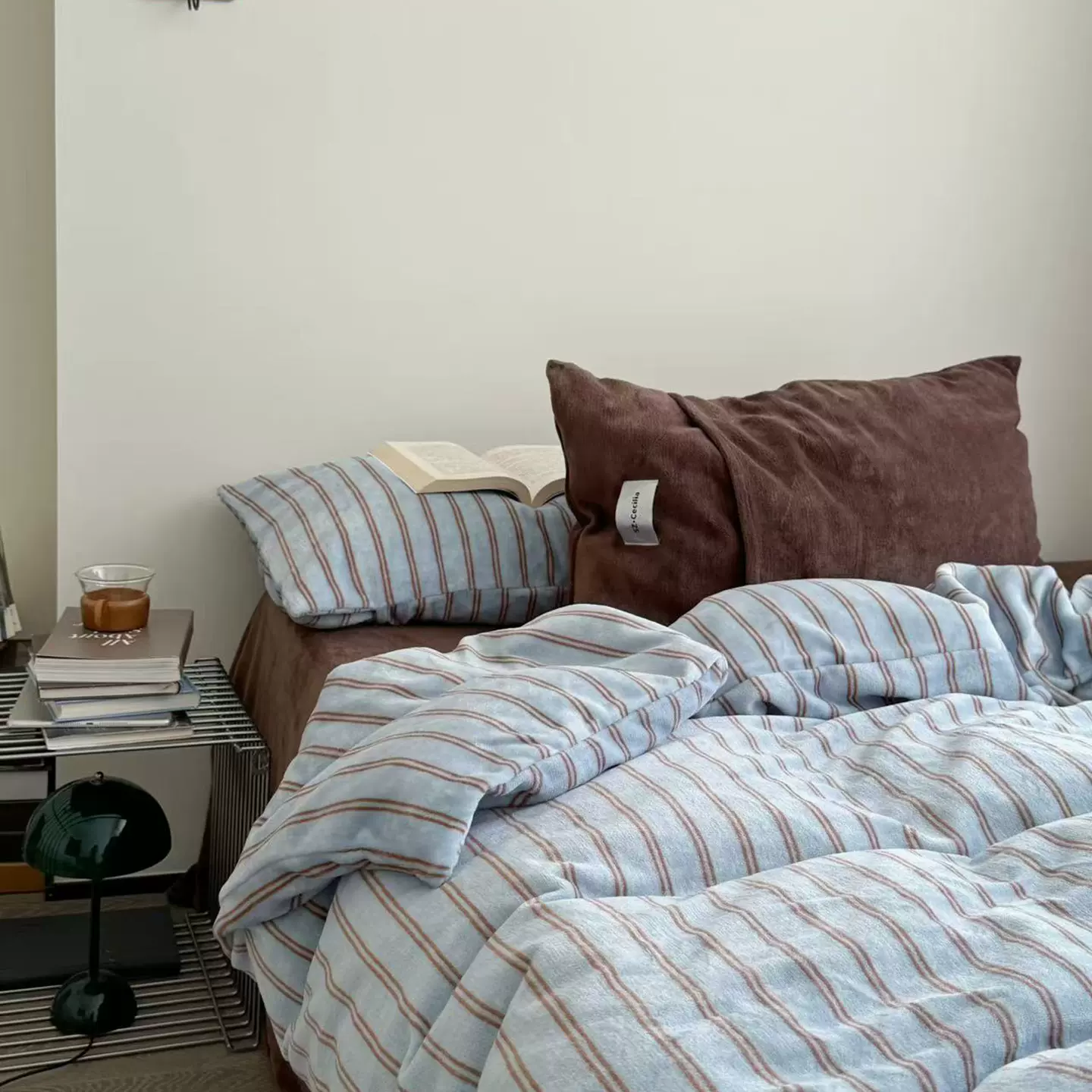 ins简约条纹加厚牛奶绒床上四件套保暖珊瑚绒床单被套床上用品4