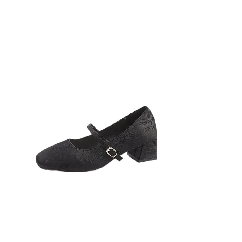 Zapatos de estilo chino suaves de estilo cuadrado, zapatos de estilo chino de 5 cm, falda de talón grueso, cheongsam, zapatos de talón alto para mujeres