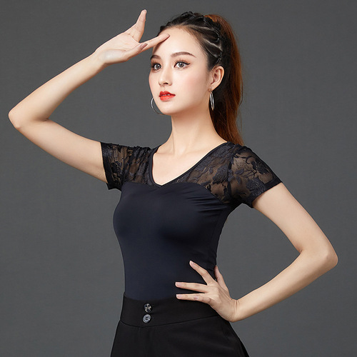 Fashionable lace dance dance clothes square dancer adult Latin dance top dance costume black mid-sleeve