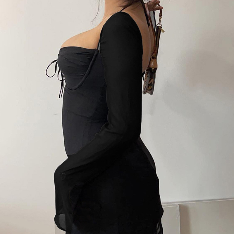 long sleeve backless hanging neck slim low-cut solid color dress NSHLJ132363