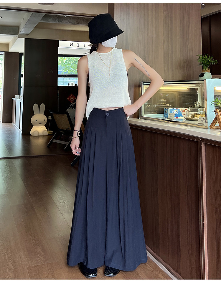 Quần tây nữ vải lanh cạp cao ống rộng mùa hè — Xanh lông mòng đen chi tiết 31