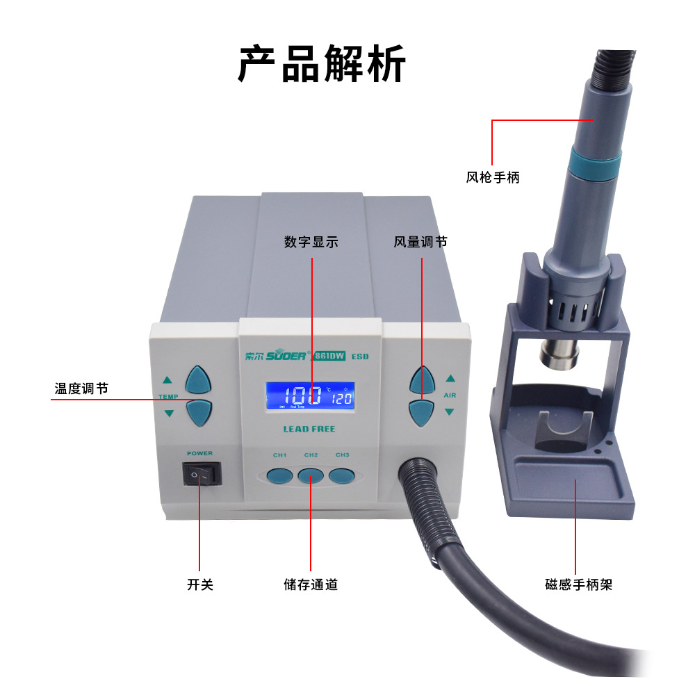 Estación de soldadura de pistola de aire caliente de alta frecuencia de grado industrial 1000W Pantalla digital inteligente Pantalla LCD Ajuste de temperatura del aire Diseño de mango antiescaldado