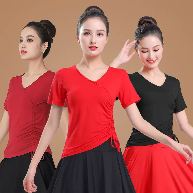 广场舞服装新款抽绳短袖长袖上衣舞蹈练功服团体交谊舞跳舞衣服