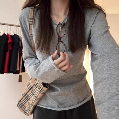 韩系小众卷边设计松弛感长袖T恤女秋季薄款修身显瘦新款打底上衣