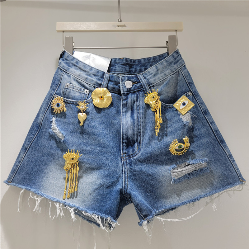 Pantalón Corto de Mezclilla para Mujer, Denim, Hebilla de Metal, Detalle Desgastado, Cintura Alta, para Uso Casual
