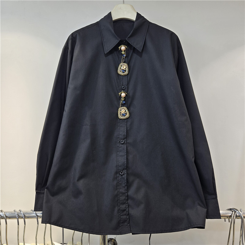 Retro americano otoño 2025 nueva industria pesada botones tridimensionales con diamantes súper bonitos moda de camisas sueltas femeninas