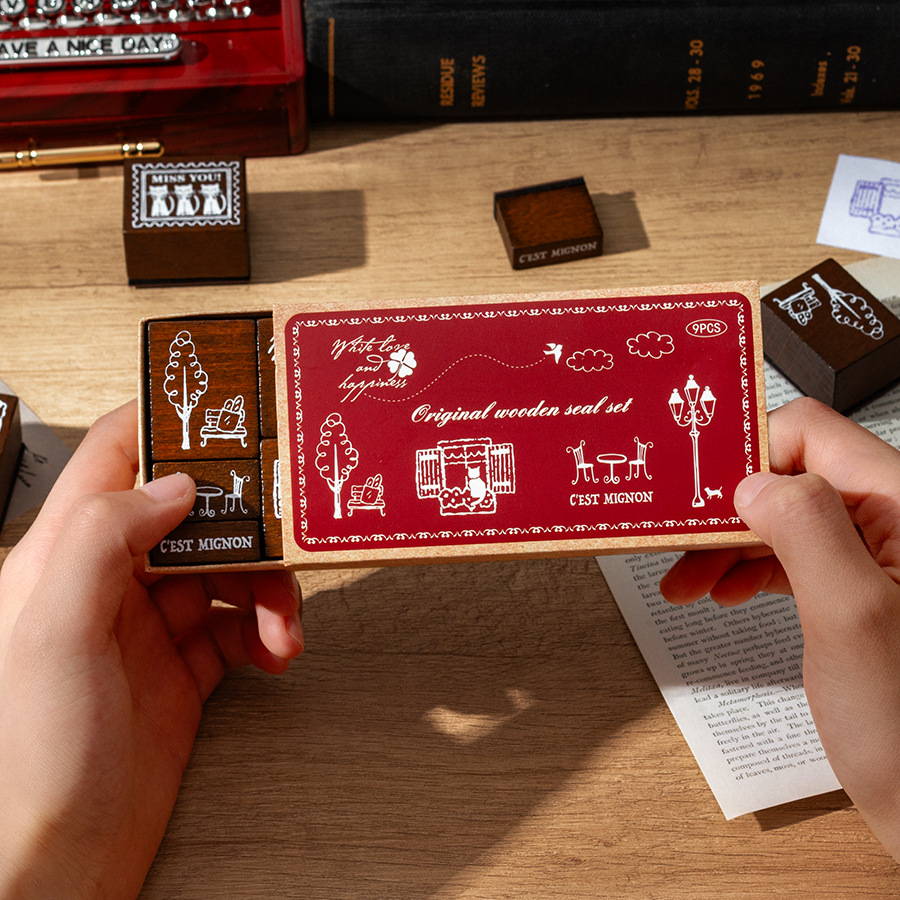 Bendición en francés, madera de loto retro creativa, frases de bendición en francés, cuentas de mano de bricolaje, juego de sellos de madera, especial transfronterizo