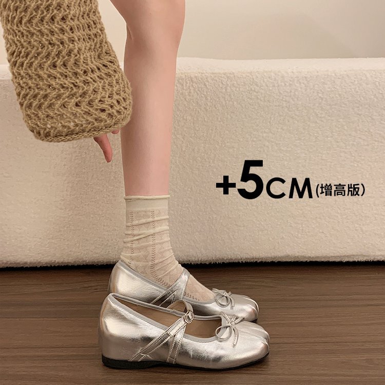 Soft Leather Version~5Cm Hidden Height Increase Shallow Mouth Spring New Style Mary Jane Women's Cute Bow Ballet Shoes Silver Flats Soft Leather Version~5Cm Hidden Height Increase Shallow Mouth Spring New Style Mary Jane Women's Cute Bow Ballet Shoes Silver Flats