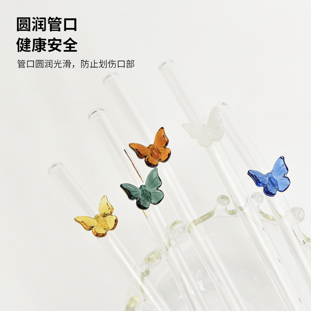 Pajita de vidrio resistente al calor de alto valor Pajita de color de vidrio de borosilicato Pajita de mariposa de color Ventas directas de fábrica