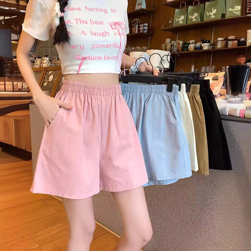 Cross-border Simple Cotton Rear Pocket High Waist Shorts Women's 2024 Summer Loose A- shape Slimming Casual Wide-leg Pants Ins Trendy