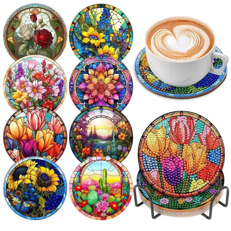 Ventas transfronterizas calientes de 8 piezas de conjunto de cojín de taza de arte de diamante, con soporte, pequeño conjunto de pintura de diamante, adecuado para adultos