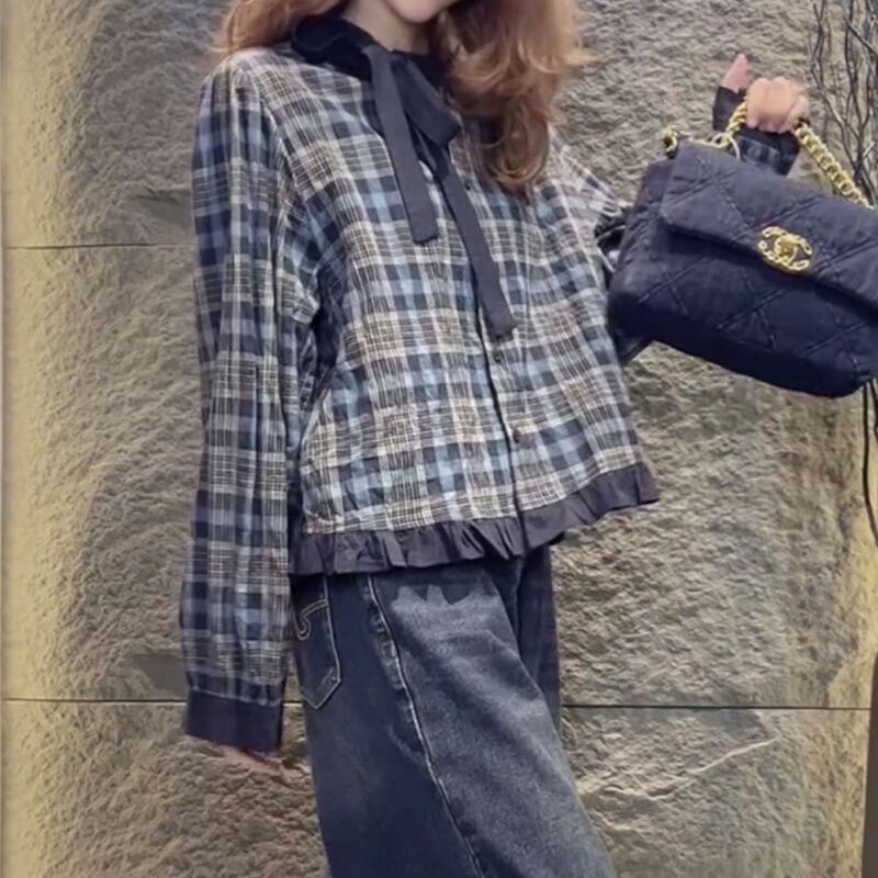 Trendy and Youthful Ruffled Plaid Long-Sleeve Shirt for Women, Early Autumn New Niche Design, Fashionable Versatile Loose Top
