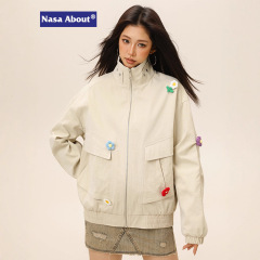 NASA多口袋工装外套情侣款春秋季美式宽松编织花装饰休闲夹克上衣