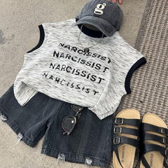 兒童夏季新款華夫格無袖T恤男童女童美式字母無袖涼爽背心寬鬆t潮