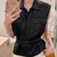 甜酷荔枝纹绵羊皮真皮马夹短无袖皮外套女收腰显瘦皮马甲2025秋新