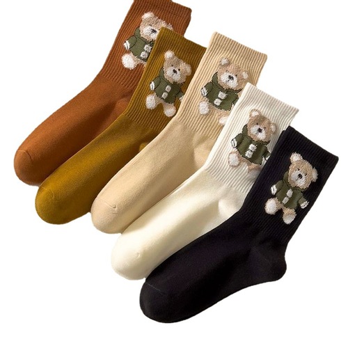 Feather yarn bear socks women's mid-calf socks autumn and winter ins trendy cute Korean style versatile coffee-colored outer wear stockings