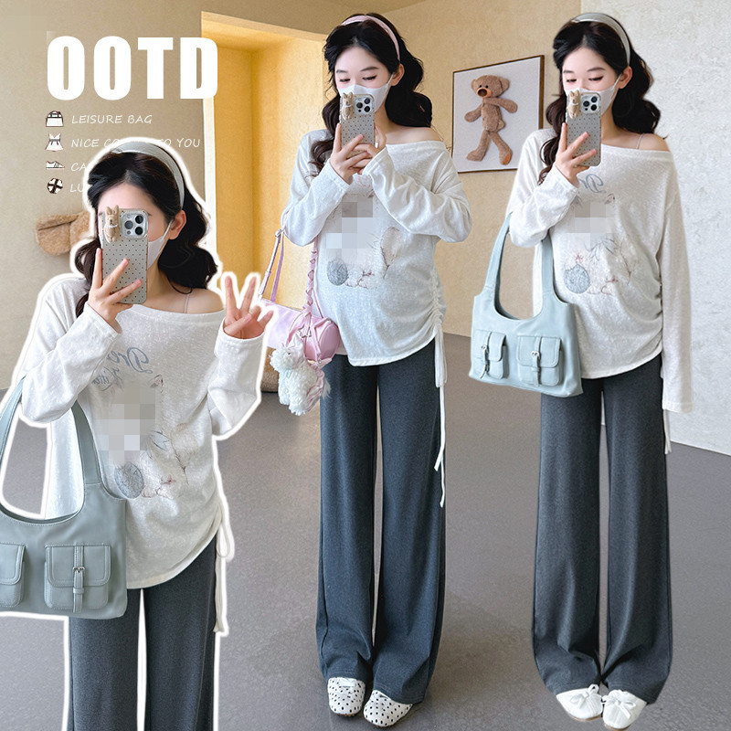 Outfits for Pregnant Moms~ Maternity Spring Outfit Set, Korean Style Cute Cat Print T-Shirt, Loose Wide-Leg Pants Two-Piece Set