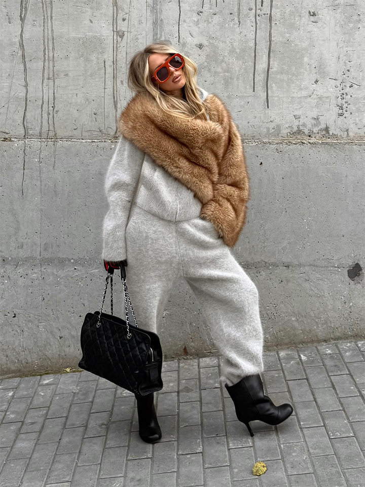 Bộ đôi áo cardigan len dệt kim có mũ khóa kéo viền lông giả và quần dài hai túi dáng rộng — màu xám chi tiết 6