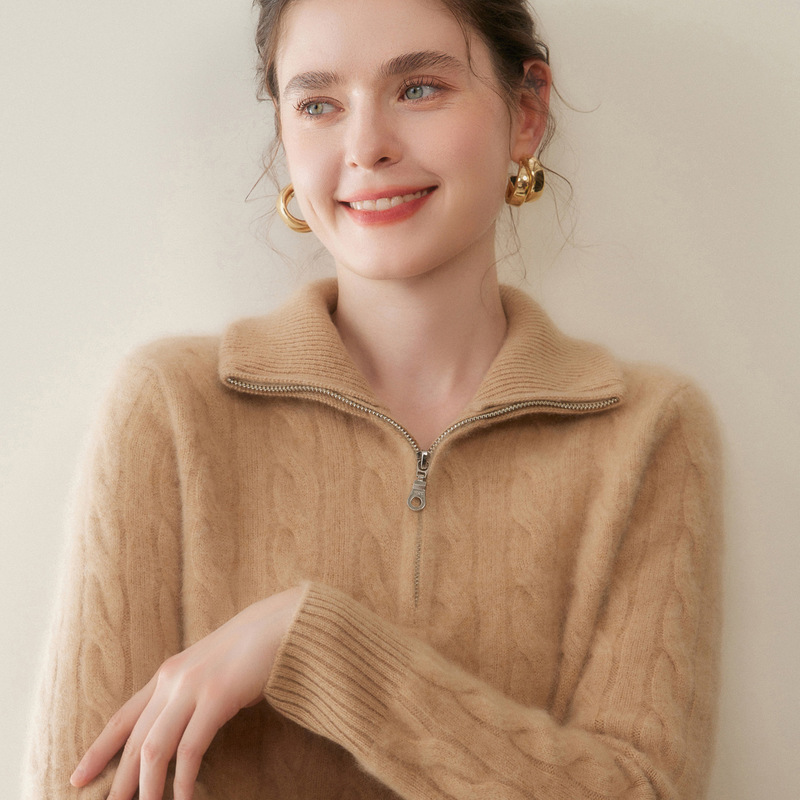Full-Body Cable Knit Simple Versatile Cashmere Women's Knitted Base Shirt with Half-Zip Collar, Loose Fit, Soft and Skin-Friendly