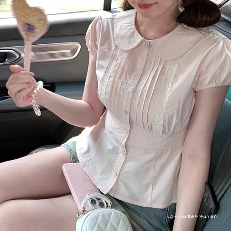 Korean-Style Gentle Pink Doll Collar Waist-Cinching Short-Sleeved Shirt for Women, Summer Design, Age-Reducing Lace-Trimmed Shirt
