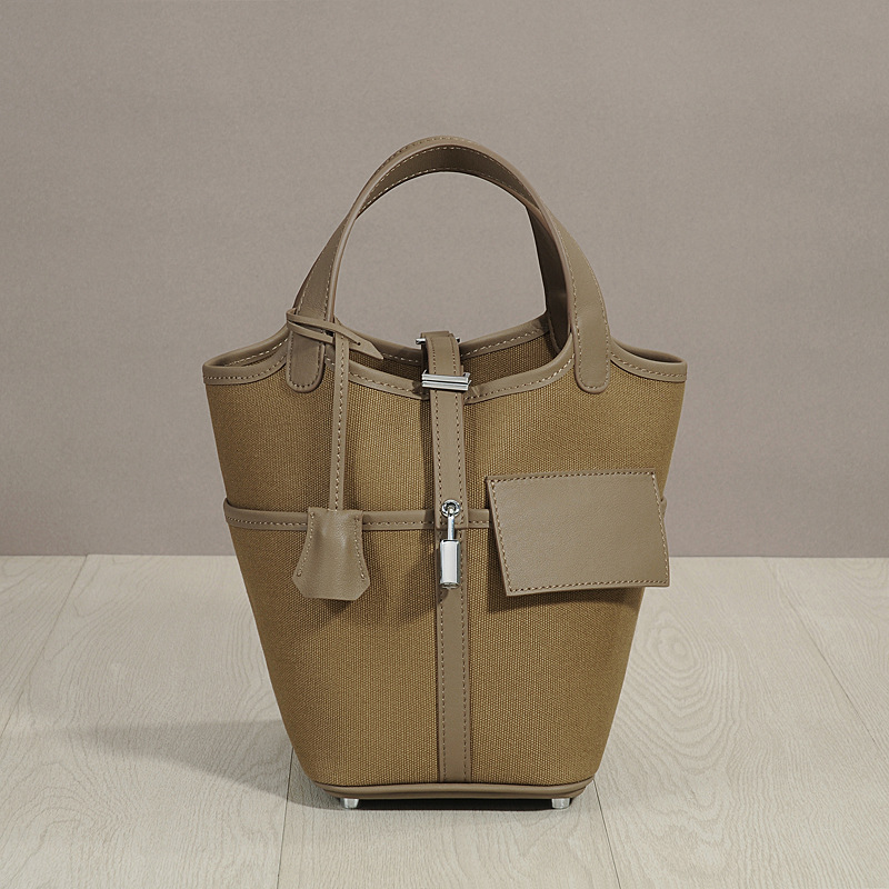 High-end vegetable basket canvas women's bag stitching leather hand bag contrast color mother and child bag large capacity bucket bag