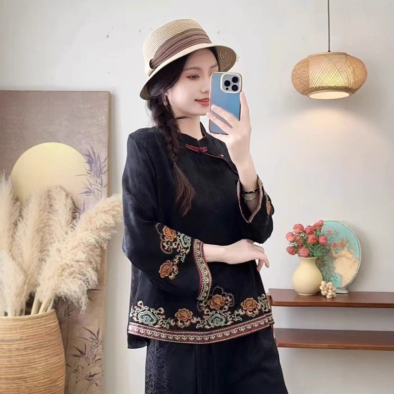 Spring and Autum New Ethnic Style Stand-Up Collar Oblique Placket Embroidered Shirt Lace Cut Satin Elegant Zen Tea Suit for Women