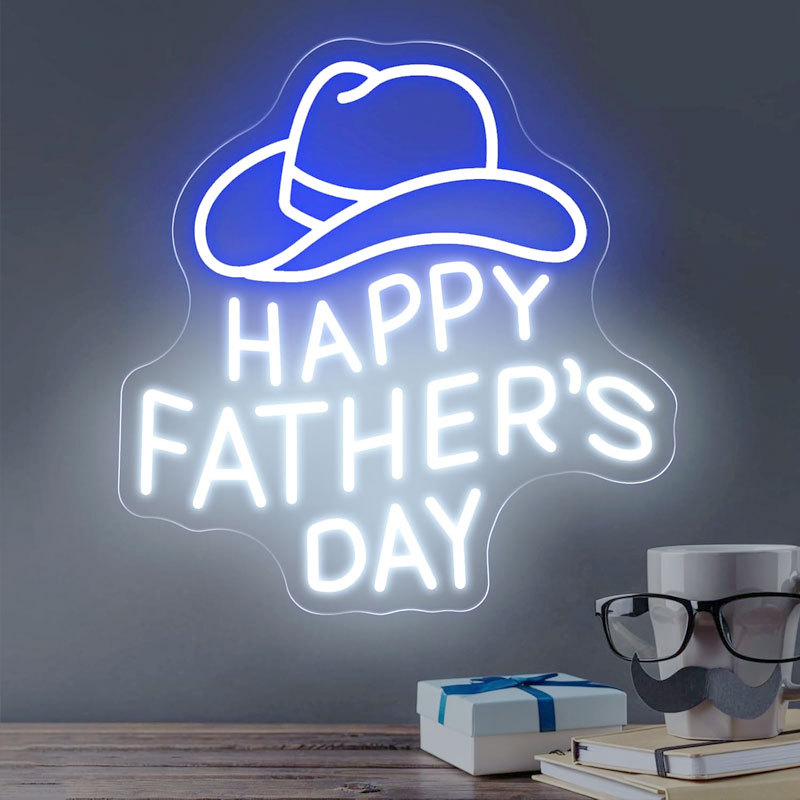 Happy Father's Day Neon Light, Cowboy Hat Shaped Light, Letter Light, Dimmable LED Neon Light, USB Powered